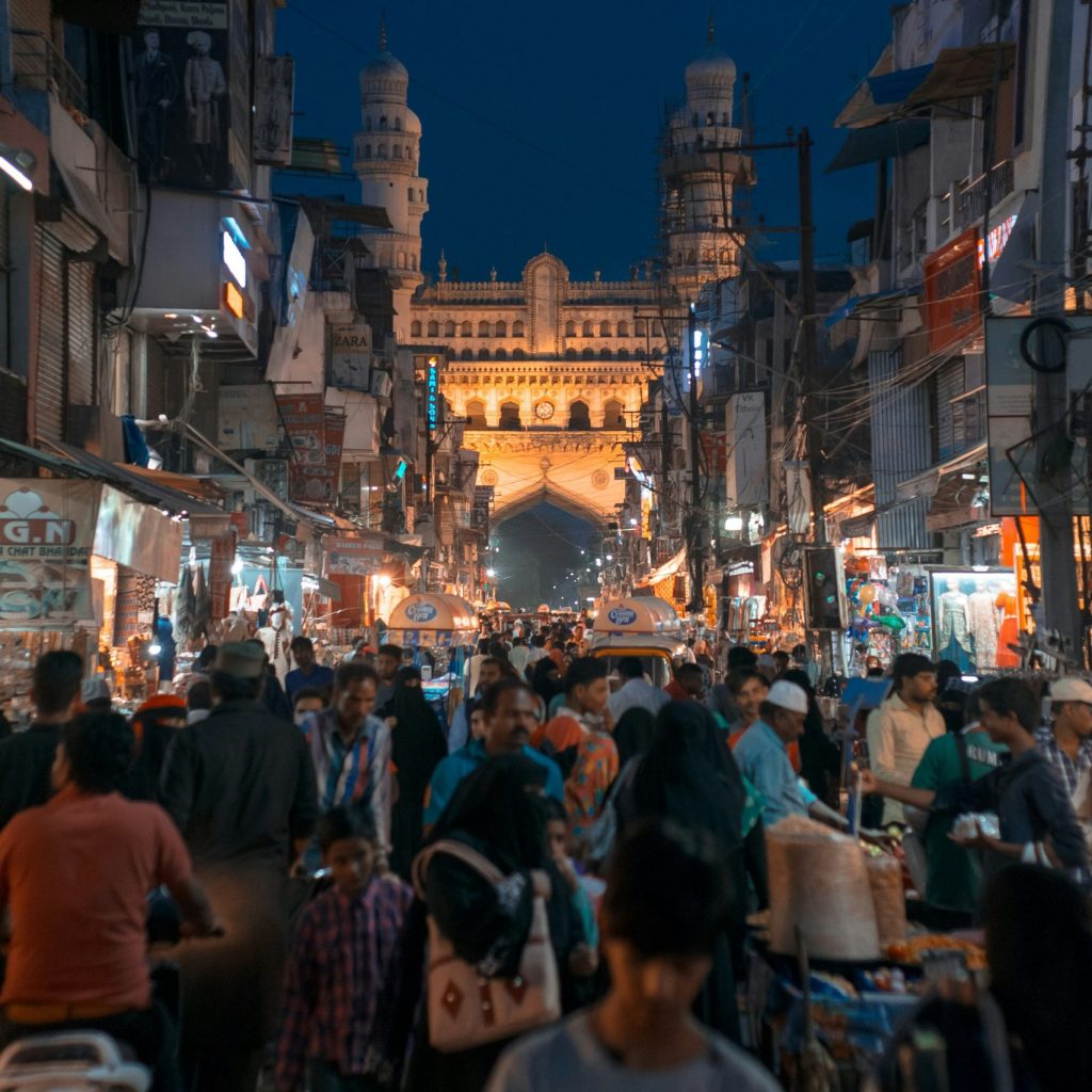 Street in Hyderabad, India filled with people