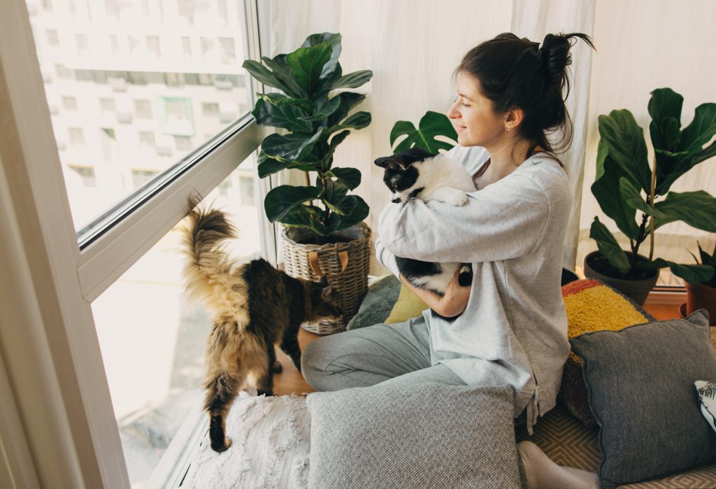 A woman enjoying her apartment view with her two cats.