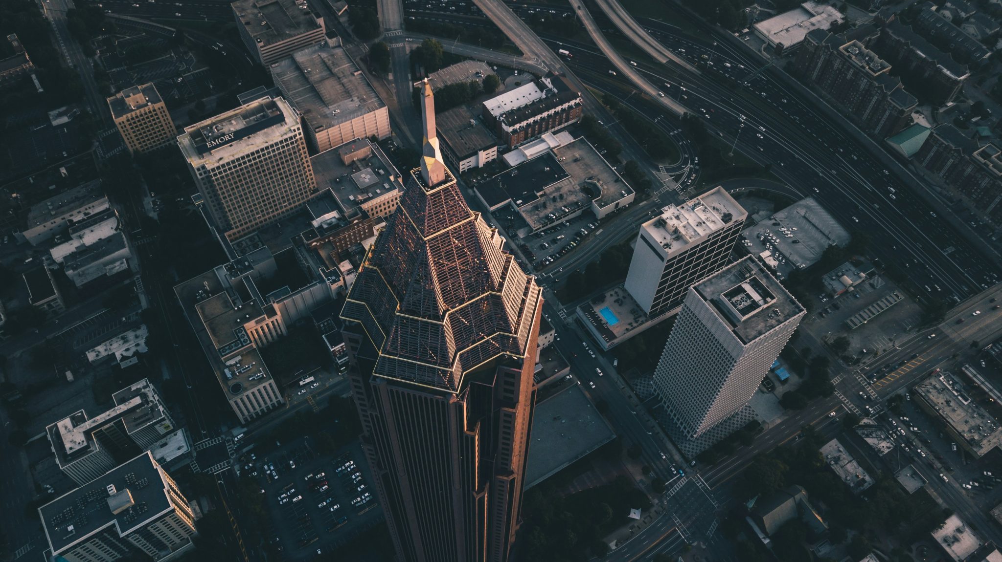 Ariel photo of brown tower, Atlanta.