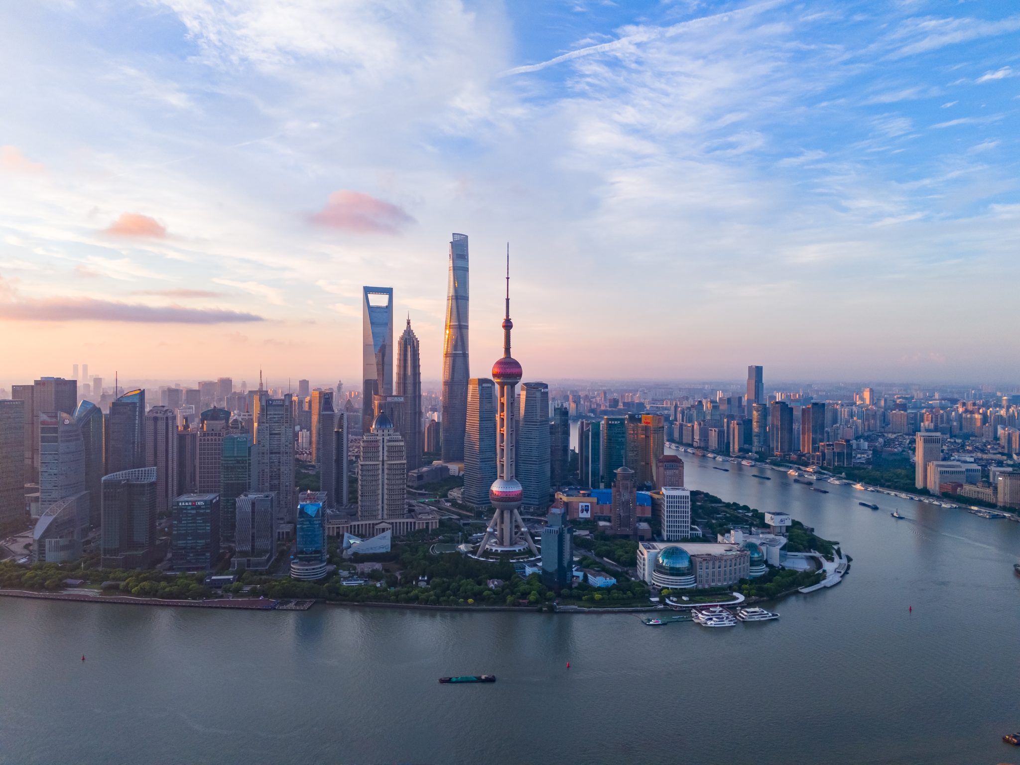 Aerial view of modern city skyline.