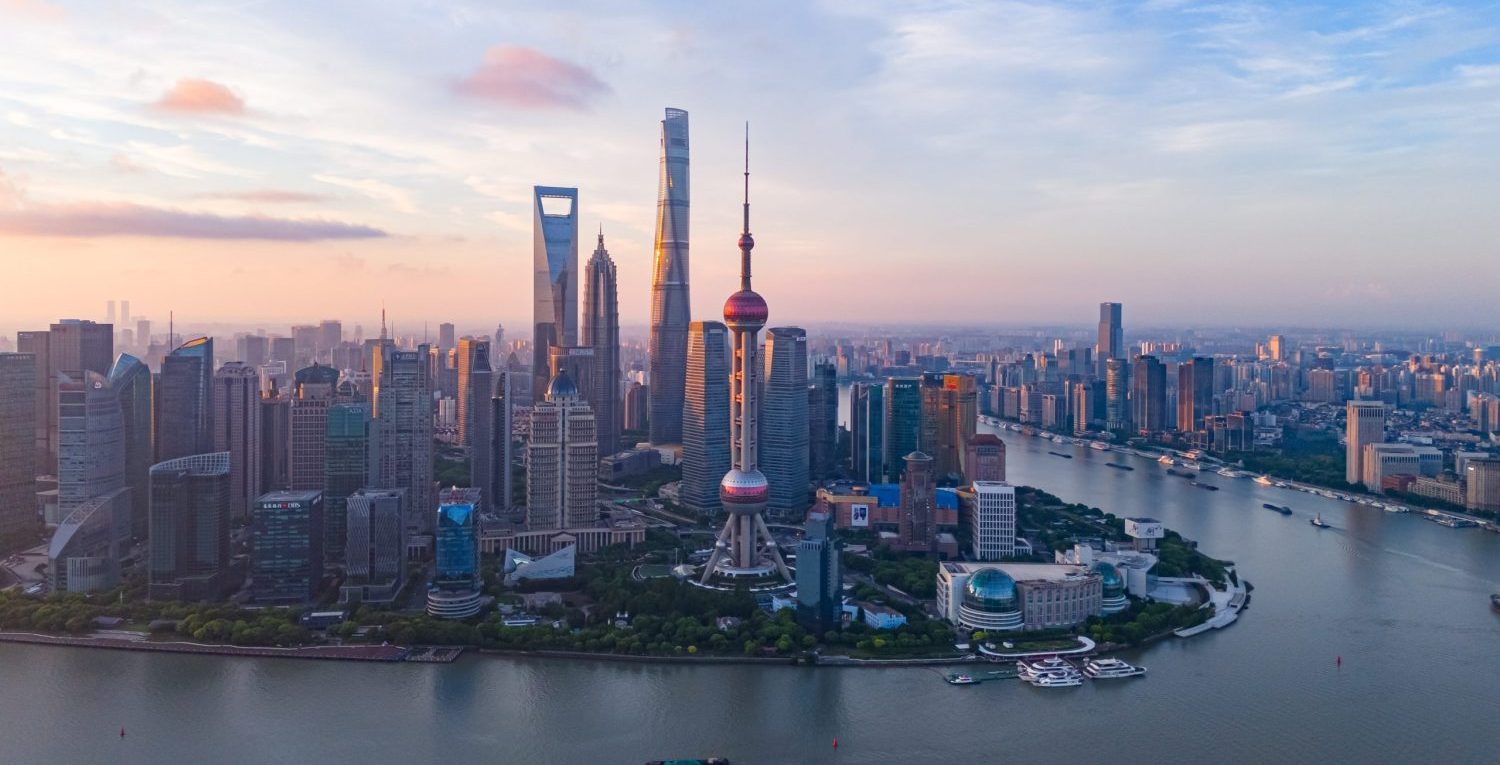 Aerial view of modern city skyline.