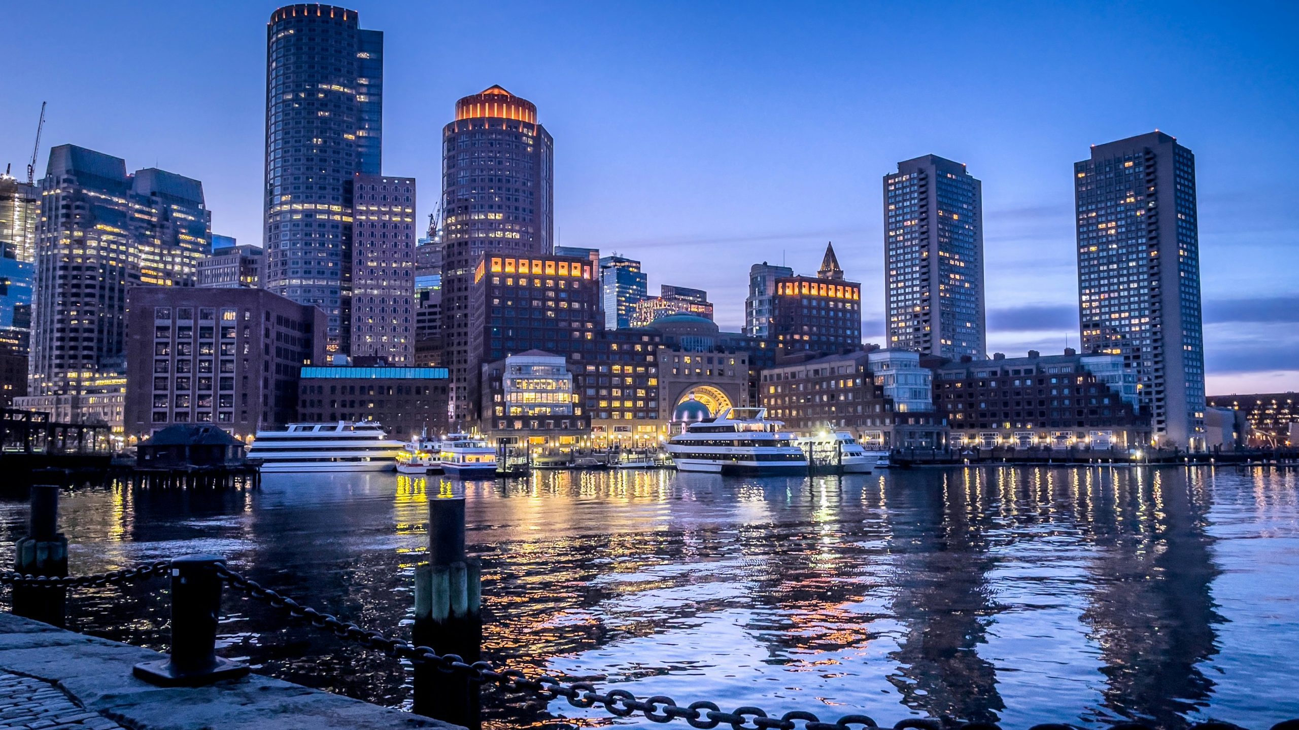 Boston harbor at night.